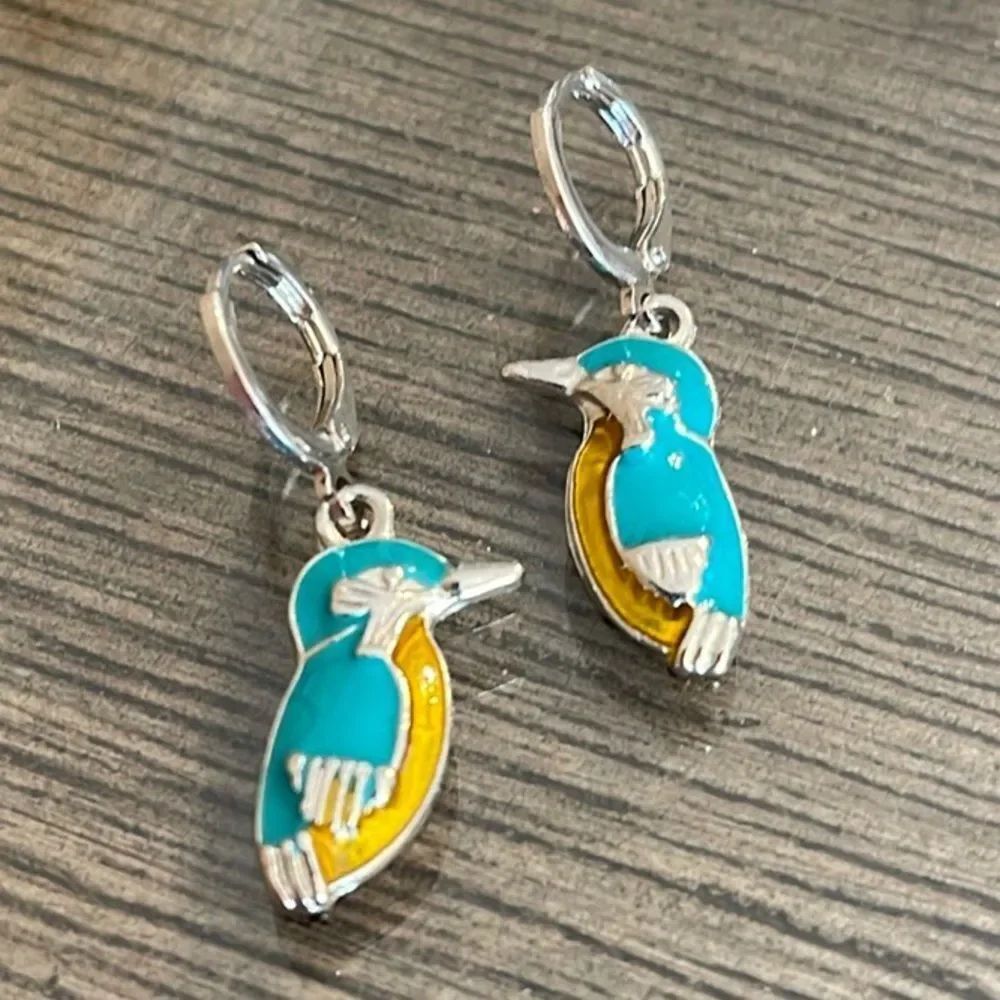 Silver-tone & Enamel Funky Bird - Kookaburra Earrings